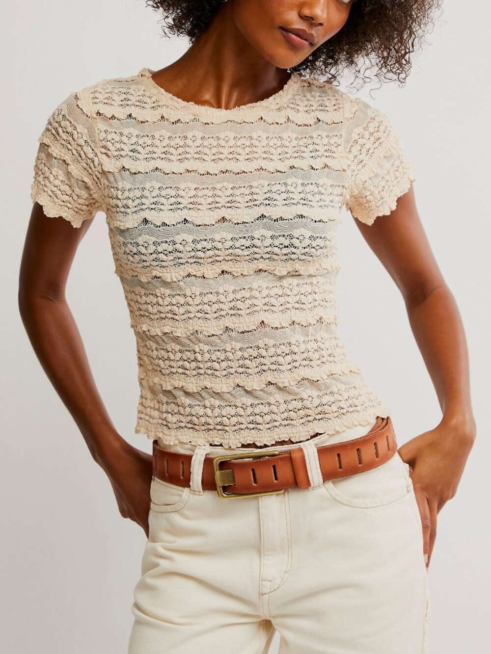 Free People Cream Lace Short Sleeve Tee